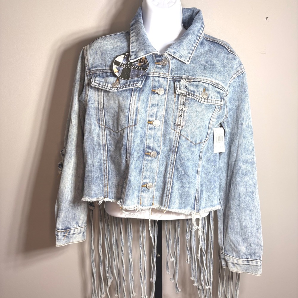 Thrill Jeans Women L Acid Wash Cropped Denim Jacket Macrame Fringe Back